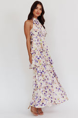 Provence Bloom Tiered Halterneck Dress Blue