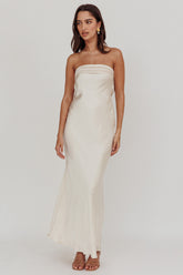Kona Strapless Pleated Bust Satin Maxi Dress Champagne