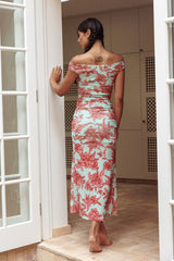 In Blooms Off Shoulder Split Midi Dress Green